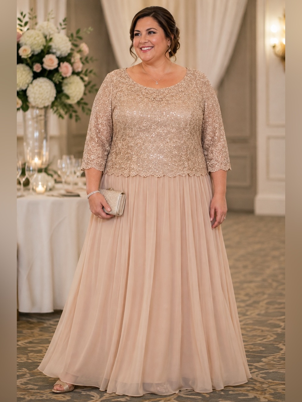 NWT Roaman's 22W Petite Sparkling Champagne Sequin Lace A-Line Formal Gown